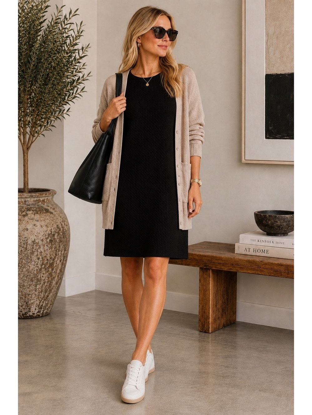 Eileen Fisher Black Textured Shift Dress Large Quiet Luxury Minimalist